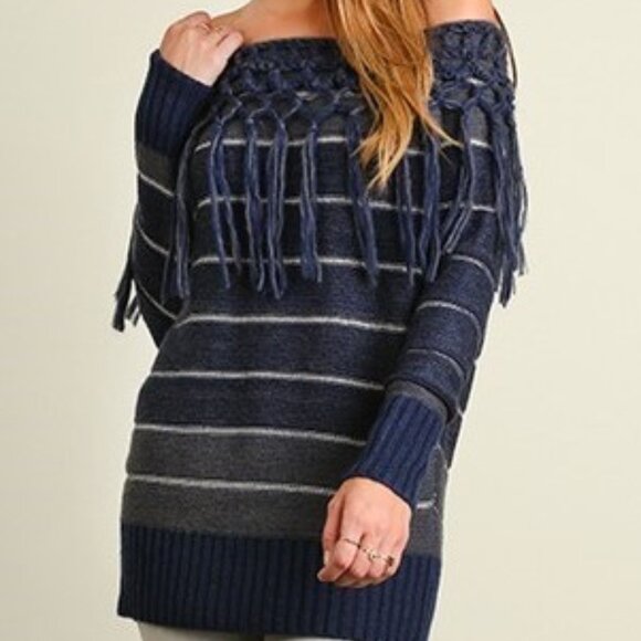 NWT Umgee Comfy Blue Striped Fringed Bohemian Off Shoulder Cotton Sweater - Picture 4 of 6